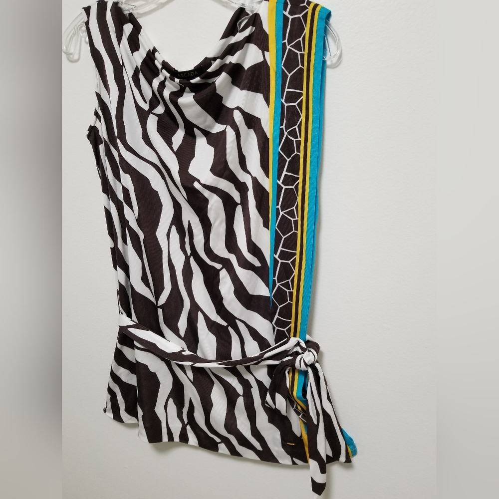 Escada Brown Animal Print Combo Jersey Blouse Belted Sleeveless Size Small - Picture 4 of 12